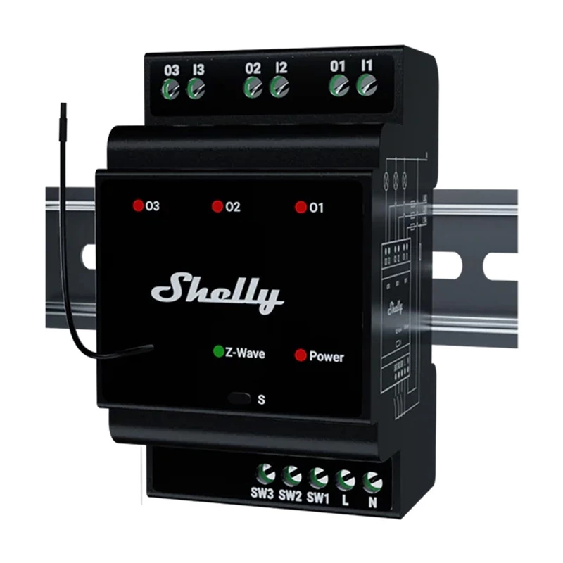 Hutschienen-Smart-Relais Shelly WavePro3 3-Kanal Z-Wave, 110–240 V, 25 A pro Kanal, AES-128, DIN-Montage