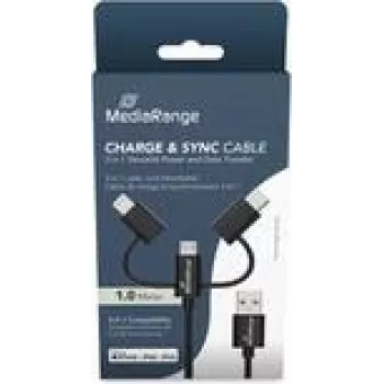 USB-Kabel MediaRange MRCS246 — 1 m, USB A auf USB-C / Micro USB-A / Lightning, USB 2.0, schwarz