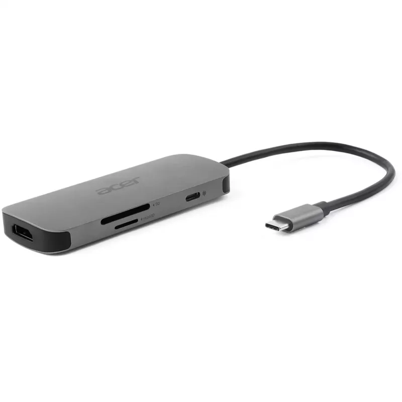 7-in-1 USB-C Dongle Acer — USB 3.2 Gen 1 Typ-C, 3x USB-A, HDMI, SD/MicroSD, 100W PD, Silber