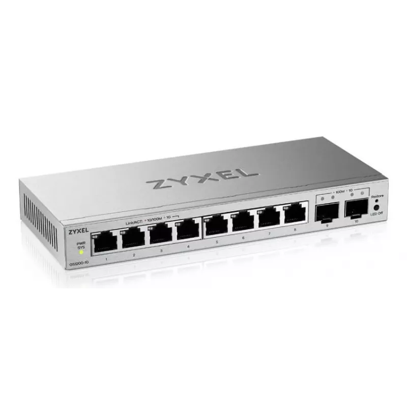 Managed L2 Gigabit Switch Zyxel GS1200-10v3 — 8x Gigabit (10/100/1000), 20 Gbps, MAC 4000, Desktop, grau