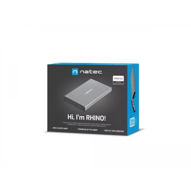 Externes HDD/SSD-Gehäuse NATEC Rhino GO — 2,5 Zoll SATA, 9,5 mm, USB 3.0, Aluminium, grau, bis zu 4 TB