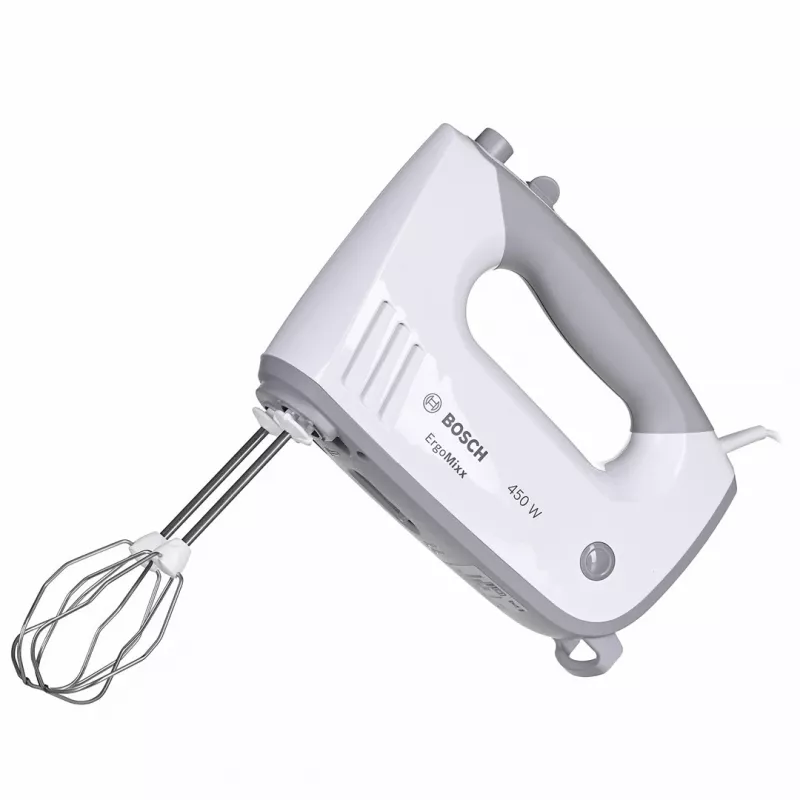 Handmixer Bosch MFQ36480 – 450 W, 5-Gang mit Turbo, grau/weiß, Rührbesen und Knethaken