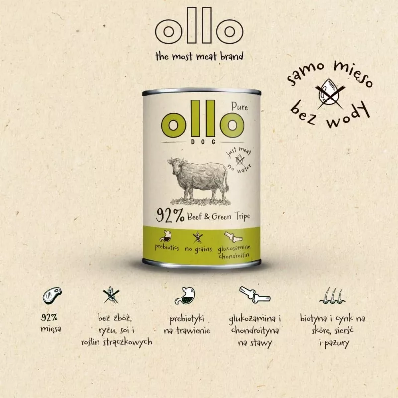 Nassfutter für Hunde OLLO Pure Rind und grüner Pansen 400 g Dose — adult, Protein 14,5 %, Fett 11,9 %, Feuchtigkeit 69 %