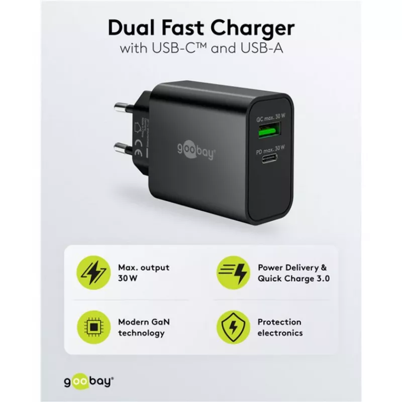Goobay USB-C PD GaN Dual-Schnellladegerät 30 W schwarz (75335)