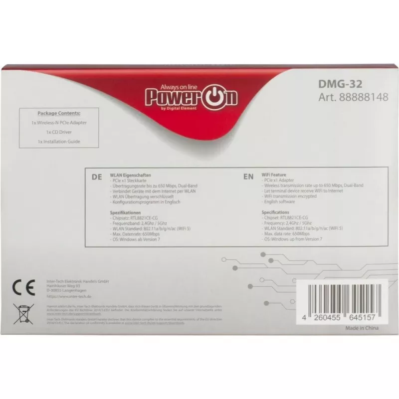 Inter-Tech DMG-32 - Eingebaut - Kabellos - PCI Express - Wi-Fi - 650 Mbit/s - Schwarz - Silber (88888148)