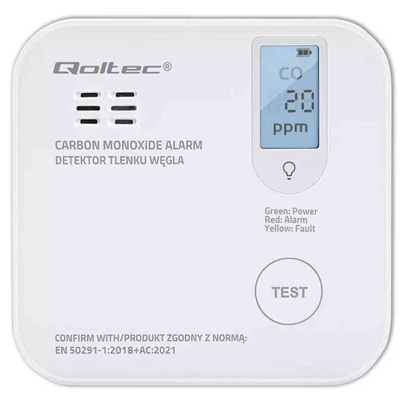 Kohlenmonoxid-Sensor QOLTEC 52577 — batteriebetriebener Alarm, 85 dB Schallpegel