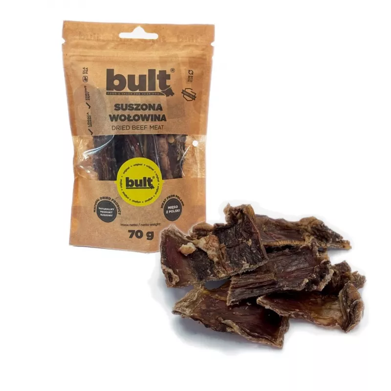 Hundesnack BULT Eko Getrocknetes Rind 70 g — einkomponentiger dehydrierter Rindfleischsnack für Hunde, Protein 67,2 %, Fett 15,7 %