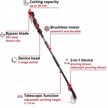 Astschere EINHELL GP-LS 18/28 Li T BL-Solo — kabellose Teleskop-Bypass-Astschere, 18 V, Schnittleistung 2,8 cm, Aluminiumgriff