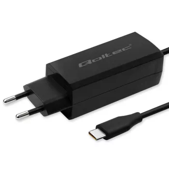 GaN 90W Ladegerät QOLTEC 52420 USB-C PD 5–20V 3A/4,5A Ausgang, 220–240V Eingang, 1,8 m Kabel, schwarz