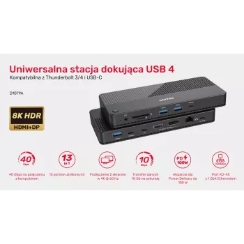 Dockingstation UNITEK D1079A USB4 kabelgebunden Schwarz 100W Power Delivery