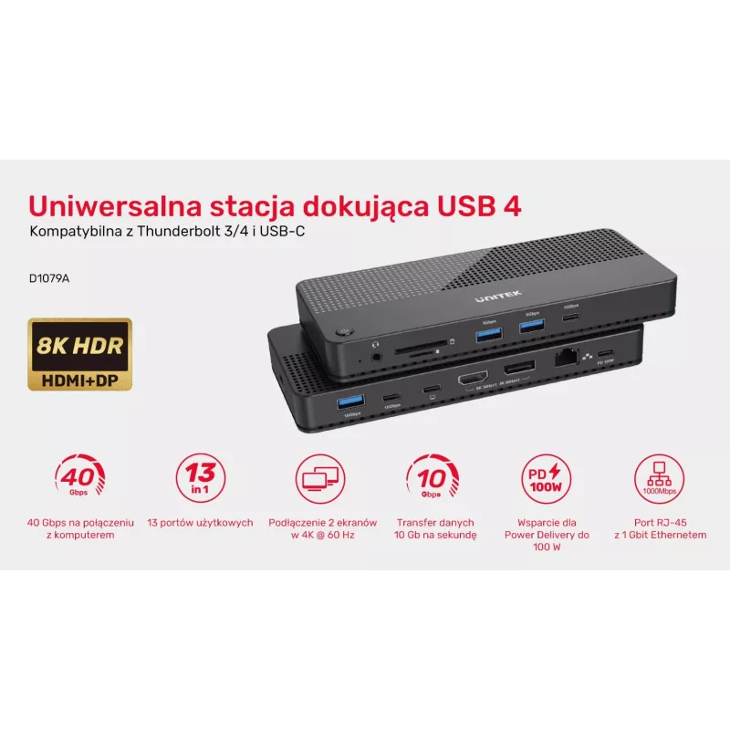 Dockingstation UNITEK D1079A USB4 kabelgebunden Schwarz 100W Power Delivery