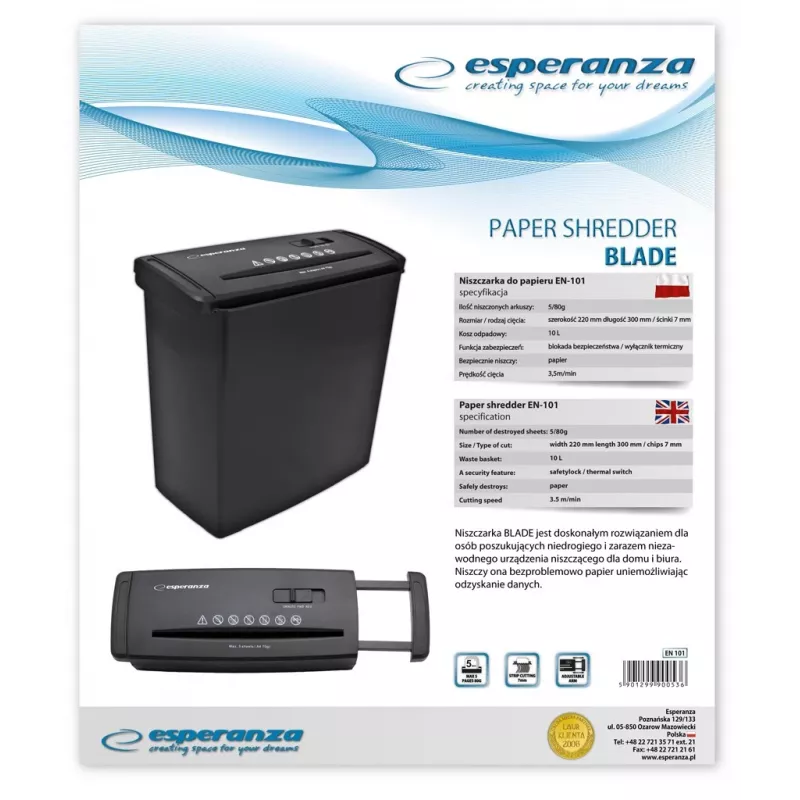 Esperanza EN101 Aktenvernichter Streifenschnitt 22 cm Schwarz