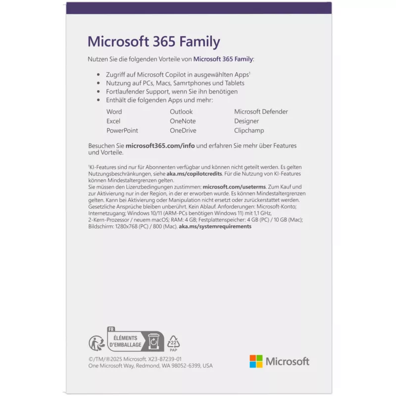 Microsoft 365 Family Box Pack 1 Jahr bis zu 6 Personen Android iOS Windows MacOS