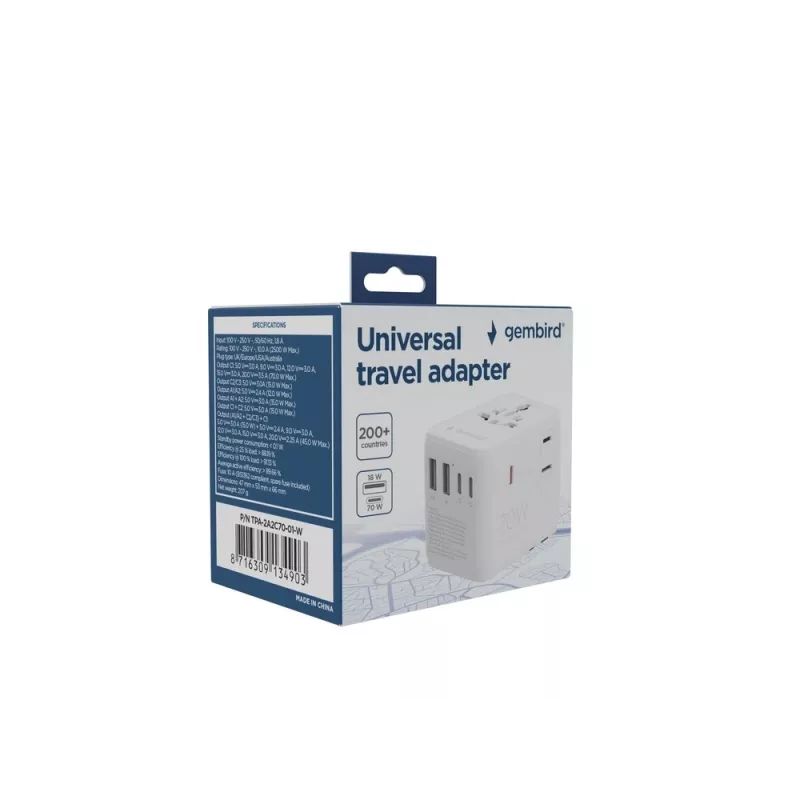 Reiseadapter GEMBIRD TPA-2A3C70-01-W – Steckertyp I, 3× USB-C (70 W), 2× USB-A (18 W), 100–250 V, weiß