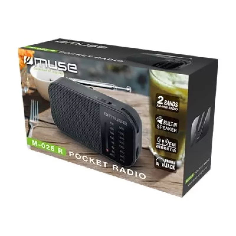 Tragbares Radio Muse M-025 R — MW/UKW, schwarz, batteriebetrieben, kompakt (32×130×70 mm)