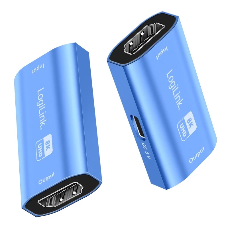 HDMI-Repeater, 20m, 8K 60Hz, HDCP 2.3, Alu, Blau