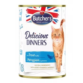 Nassfutter für Katzen Butcher's Pet Care Delicious Dinners 400 g — Forellengeschmack, ausgewachsene Katzen, konservierungsstofffrei, glutenfrei