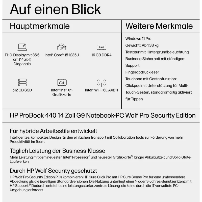 HP ProBook 440 G9 14-Zoll-Laptop, Intel Core i5-1235U, 16 GB, 512 GB SSD, Windows 11 Pro