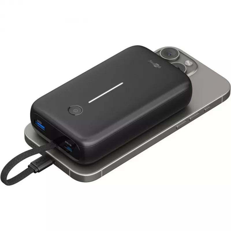 Powerbank 20.000 mAh, integriertes USB-C-Kabel 13 cm, 30 Watt (schwarz, 20 Ah, 1x USB-A, 2x USB-C, PD, QC)