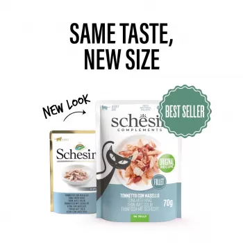 Nassfutter für Katzen Agras Pet Foods SCHESIR Thunfisch mit Seehecht in Gelee, 70 g, getreidefrei, soja- und glutenfrei