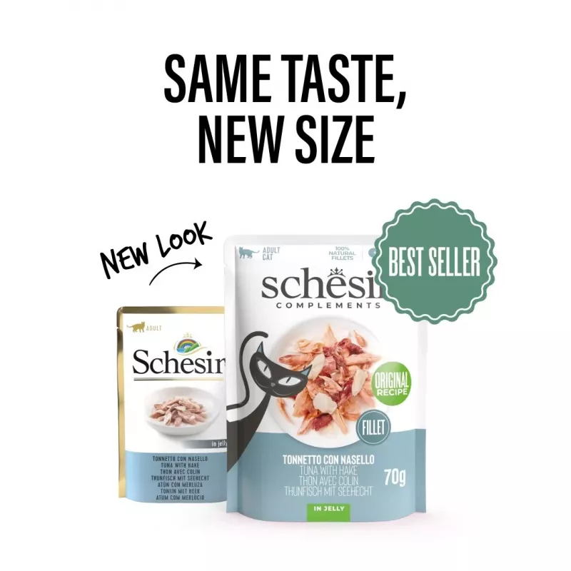 Nassfutter für Katzen Agras Pet Foods SCHESIR Thunfisch mit Seehecht in Gelee, 70 g, getreidefrei, soja- und glutenfrei