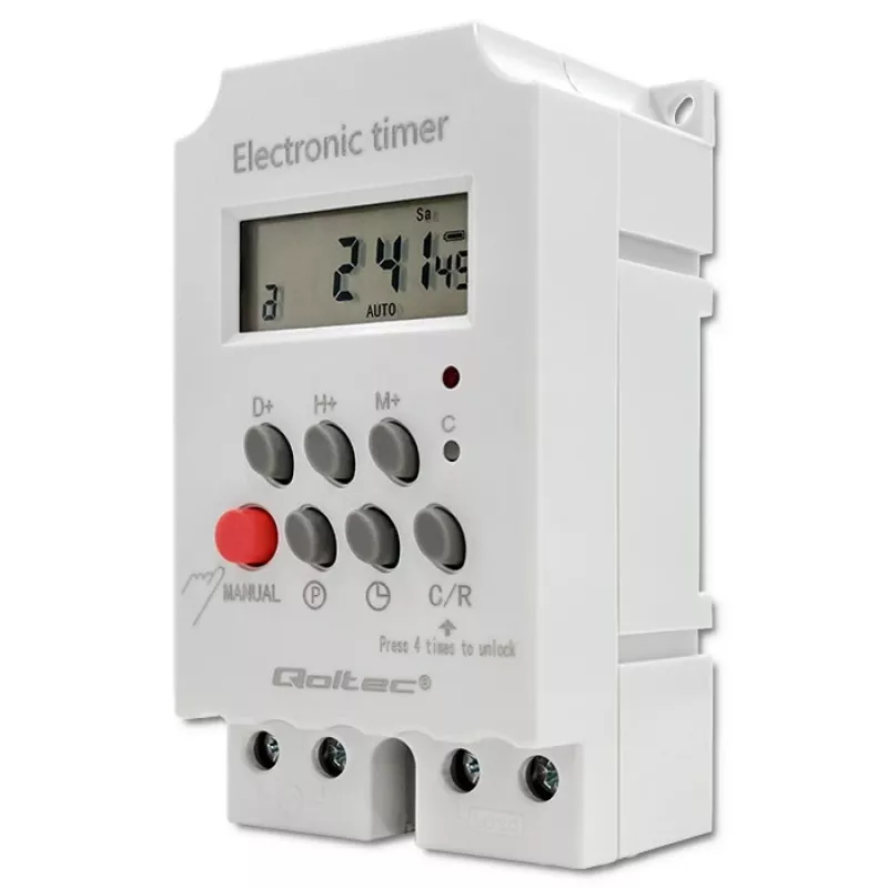 Elektronischer DIN-Schienen-Zeitschalter QOLTEC PC0629 — 24V Versorgung, 16A Ausgang