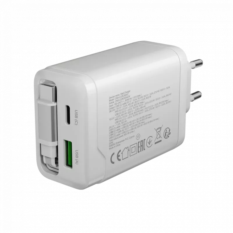 CANYON Ladegerät OnCharge 65RC mit integriertem USB-C-Kabel 65W, 1x PD, 1x QC, EU-Stecker, Weiß