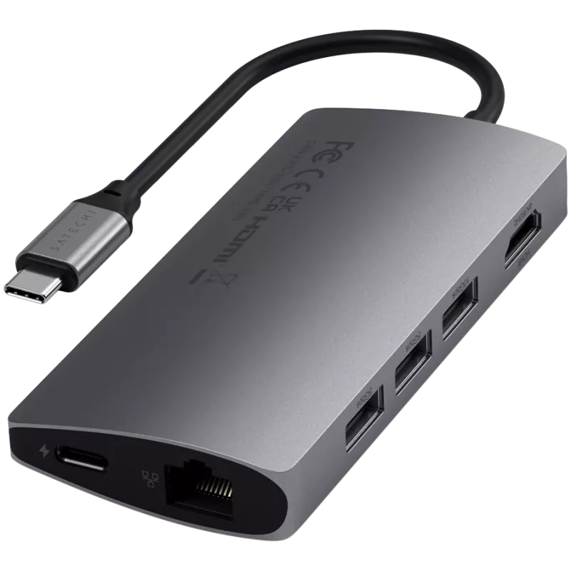 Satechi Aluminium Adapter V2 USB-C (USB-C, 3x USB-A, 4K HDMI, Kartenleser micro/SD, Ethernet) (Starlight Grey)