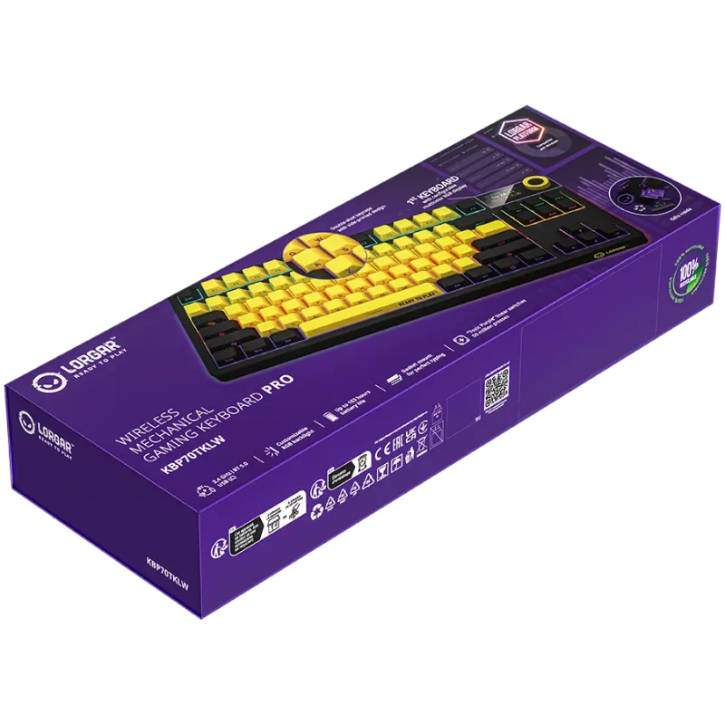 LORGAR KBP70TKLW, Kabellose TKL Mechanische Gaming-Tastatur Pro, Schwarz/Gelb, EN-Layout