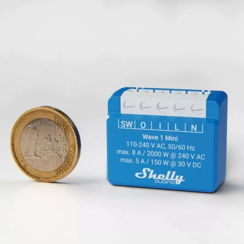 Smart-Relais Shelly Qubino Wave 1 Mini kabellos 110–240V, 8A AC / 5A DC, 868,4 MHz, für Innenräume, blau