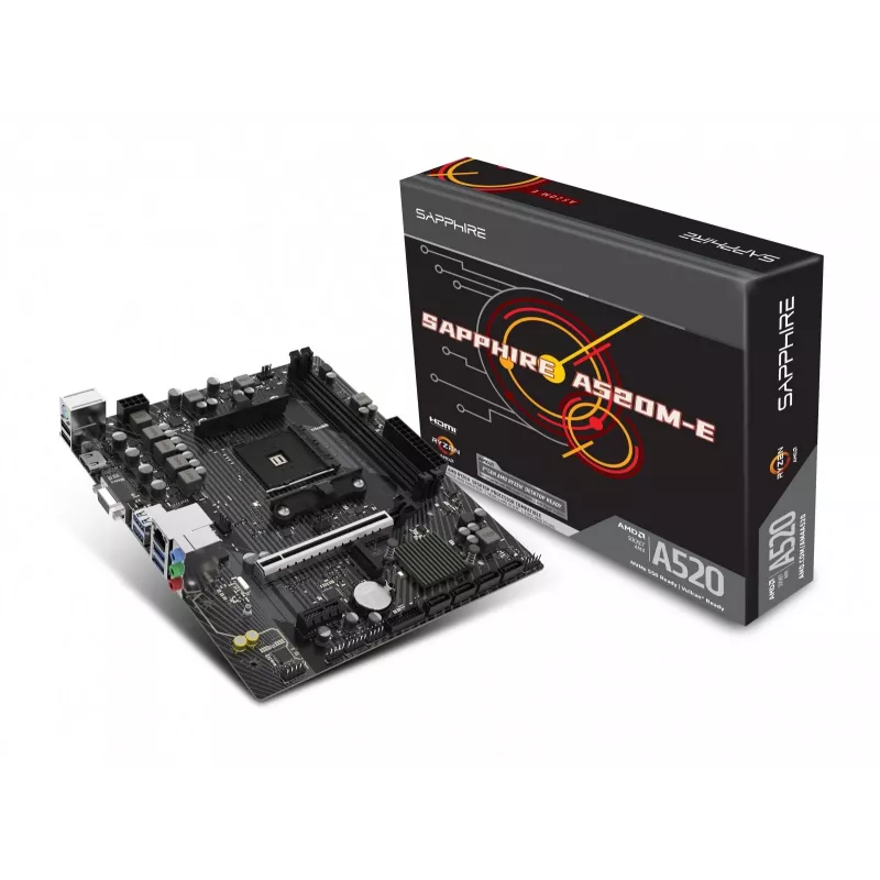 Micro-ATX-Mainboard Sapphire A520M-E für Sockel AM4, AMD A520-Chipsatz, 2x DDR4 DIMM, max. 64 GB, PCIe 3.0 x16/x1, SATA III, Gigabit LAN