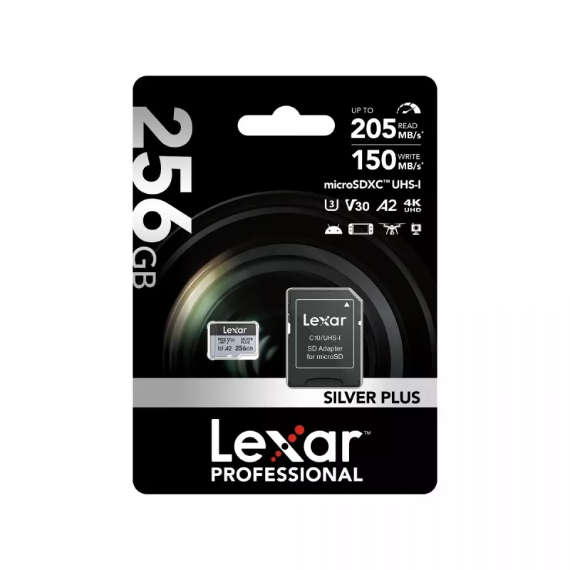 Speicherkarte microSD 256GB C10 A2 U3 V30 205/150MB/s Silver Plus
