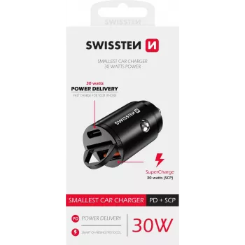 Ladegerät Swissten NANO Smartphone Schwarz Zigarettenanzünder Schnellladung Auto