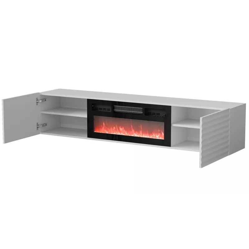 TV-Schrank Cama Meble TULA mit elektrischem Kamin, 1830×350×370 mm, weiße matte Oberseite und Rahmen