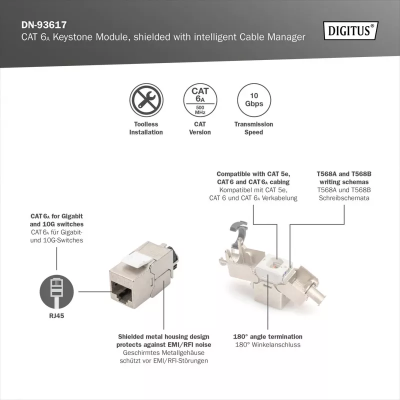 Digitus CAT 6A Keystone Modul, geschirmt, mit intelligentem Kabelmanager