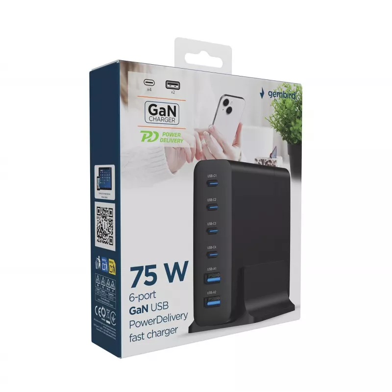 GEMBIRD Ladegerät für Mobilgeräte TA-UC-2A4C-PD75-01-BK — 75 W, 4× USB-C + 2× USB-A, PD & QC3.0, 6 Geräte gleichzeitig, 1,5 m Kabel, schwarz