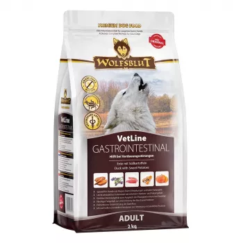 Trockenfutter für Hunde Wolfsblut VetLine Gastrointestinal Ente 2 kg — Veterinärdiät zur Unterstützung der Verdauung, 20 % Protein, 10 % Fett