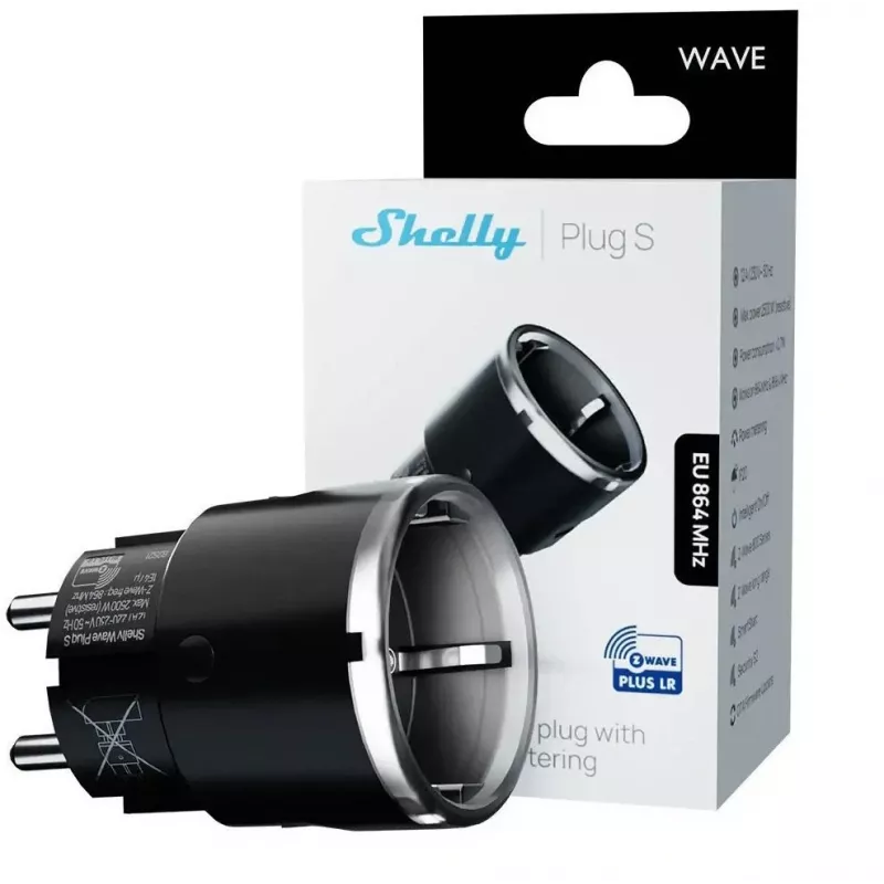 Smart-Stecker Shelly Wave Plug S Z-Wave 800 Schwarz — Z-Wave 800 intelligente Steckdose, 230 V/12 A, 2500 W, Leistungsmessung