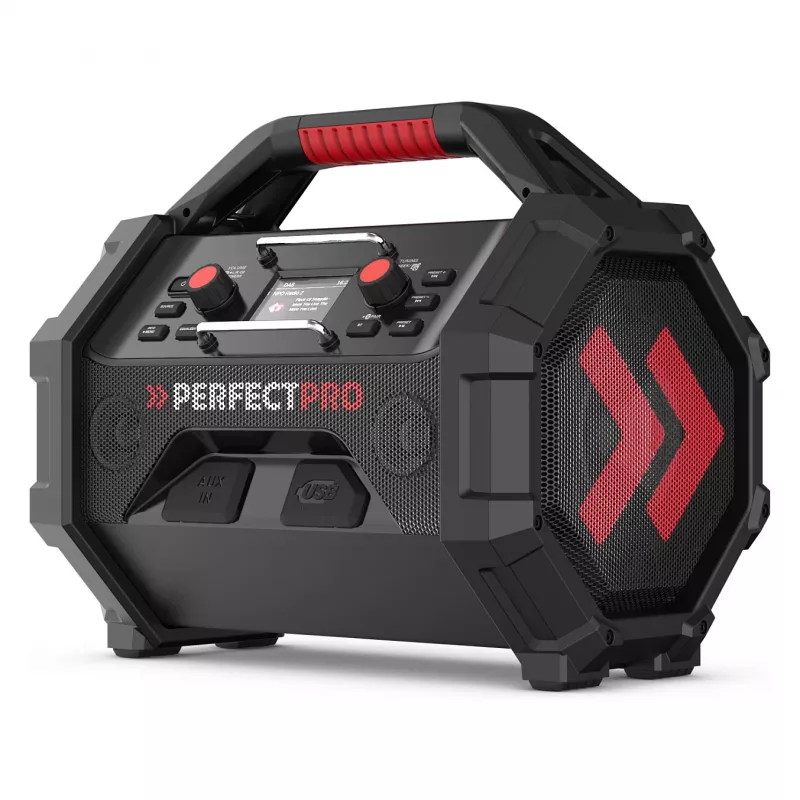 Tragbares Baustellenradio PerfectPro ROCKTAGON 18V — batteriebetriebenes Baustellenradio