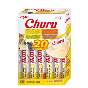 Katzensnacks INABA Churu Sortimentsbox — Huhn und Rind, 20 x 14 g Tuben