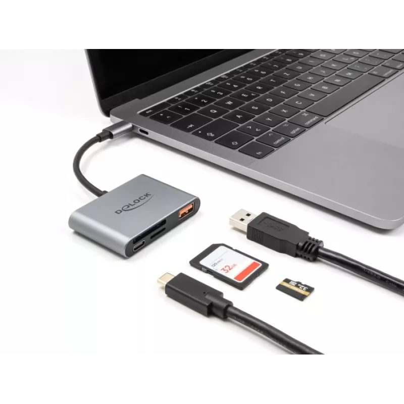 Delock 91016 USB-C Kartenleser für SD- und microSD-Karten mit USB-A-Port und USB-C PD