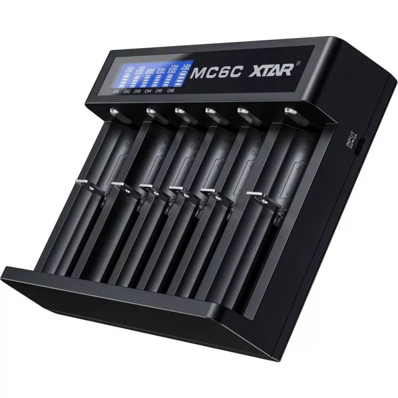 XTAR MC6C Ladegerät Multi-Slot intelligentes Ladegerät für zylindrische Li-Ion-Zellen, 6 Schächte, unterstützt 18650/21700/AA, 5V Eingang, schwarz