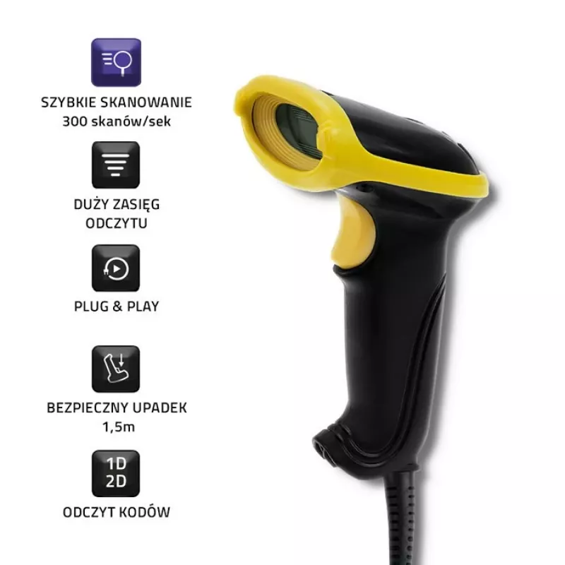 Hand-Barcodelesegerät QOLTEC 50867 — 1D/2D-Laserscanner, USB kabelgebunden, 600 mm Reichweite, gelb/schwarz