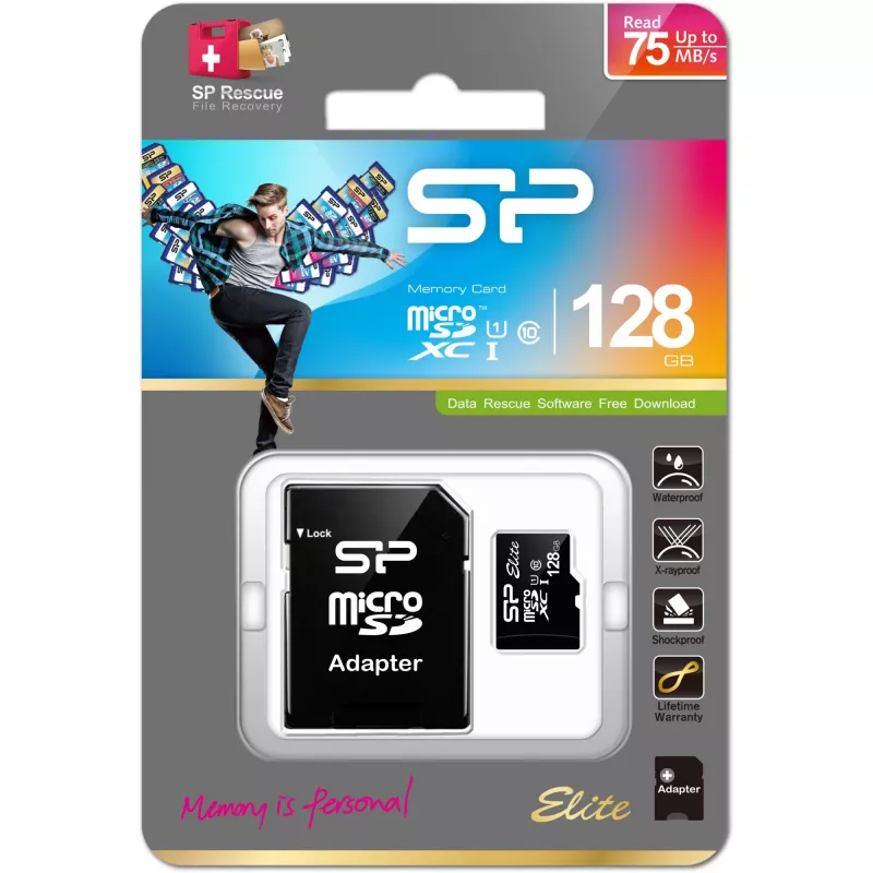 MicroSDXC Flash-Speicherkarte Silicon Power 128 GB UHS‑I (Class 10, U1), 85 MB/s, schwarz, mit SD-Adapter