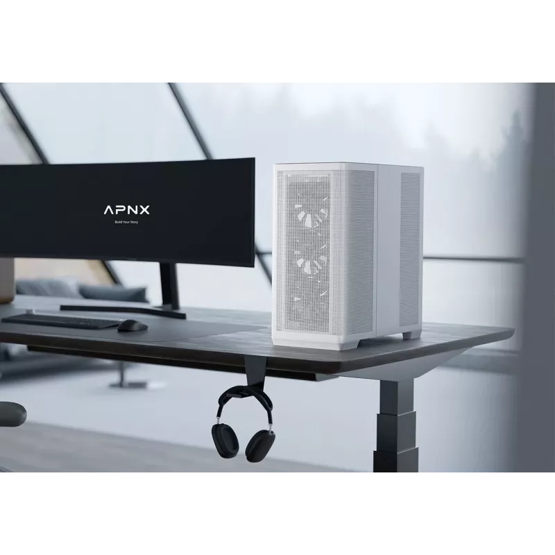APNX PC Midi Tower C1-R-WT-v1 — Weiß, unterstützt ATX/Micro-ATX/Mini-ITX, 3x 120 mm Frontlüfter vorinstalliert, 3x 3,5-Zoll + 3x 2,5-Zoll Schächte, USB 3.2 Gen1 x2