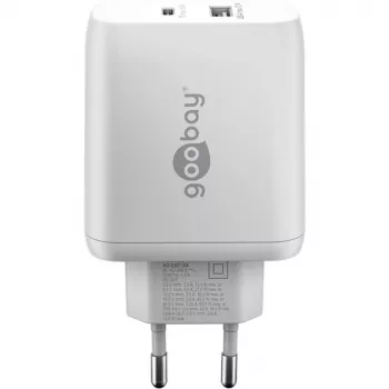USB-C Dual-Schnellladegerät, PD, GaN, 65 Watt (Weiß, 1x USB-C, 1x USB-A, Power Delivery)