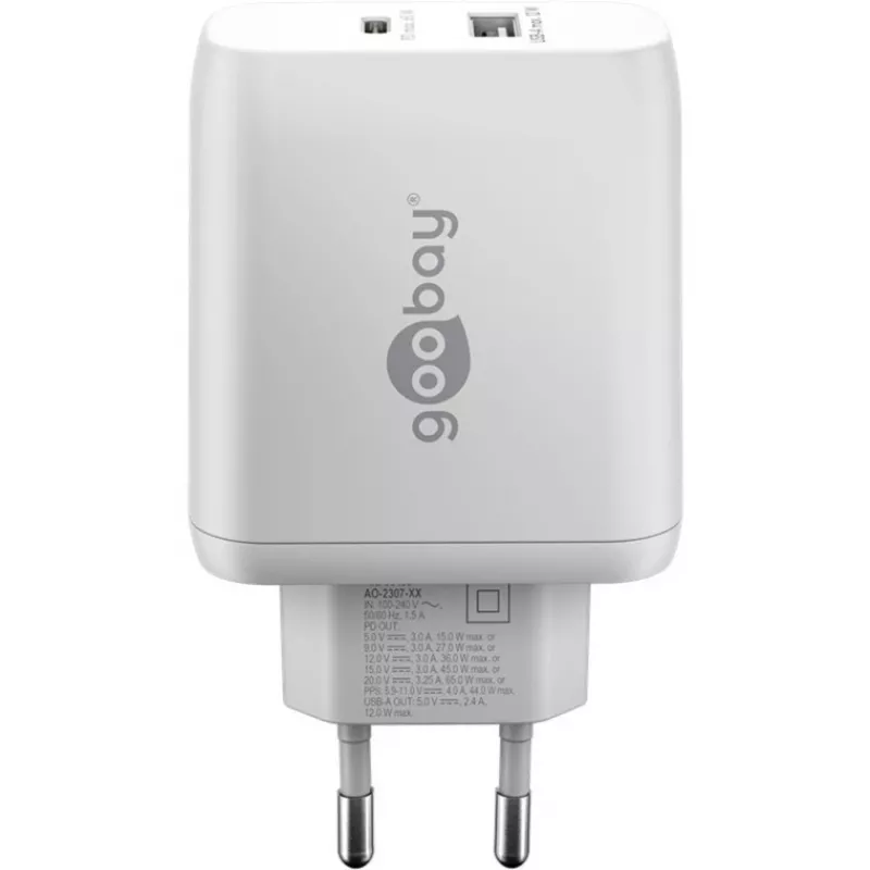 USB-C Dual-Schnellladegerät, PD, GaN, 65 Watt (Weiß, 1x USB-C, 1x USB-A, Power Delivery)