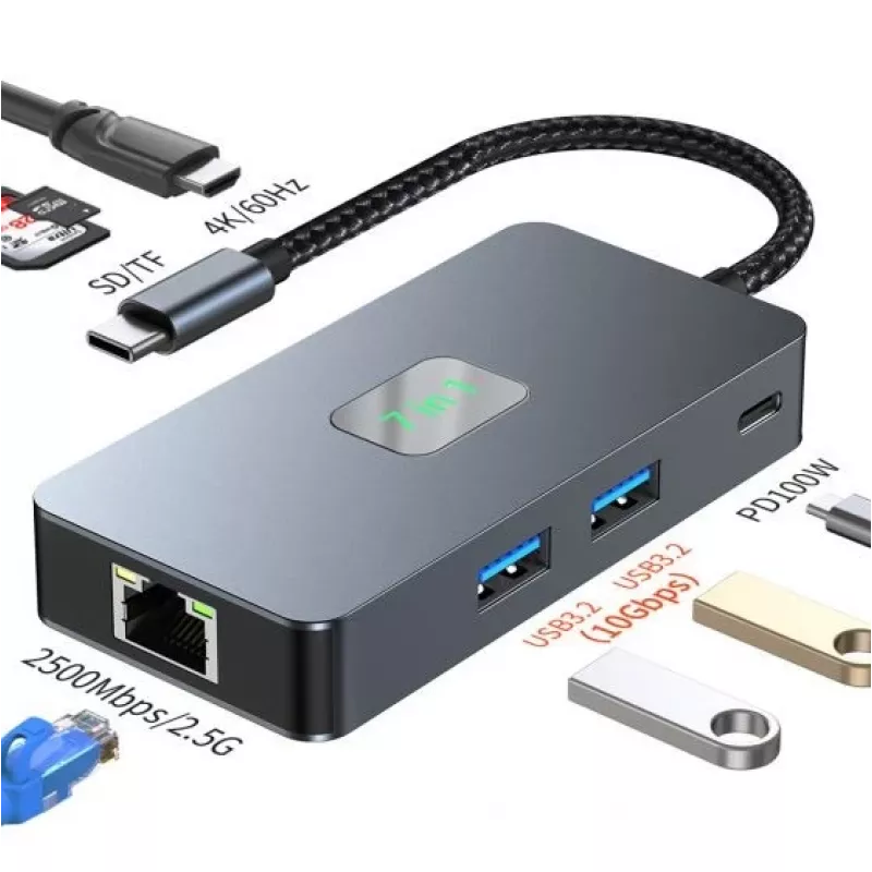 TB Adapter Hub USB-C (7-in-1) HDMI USB SD/TF RJ45 (2500 Mbit/s) PD