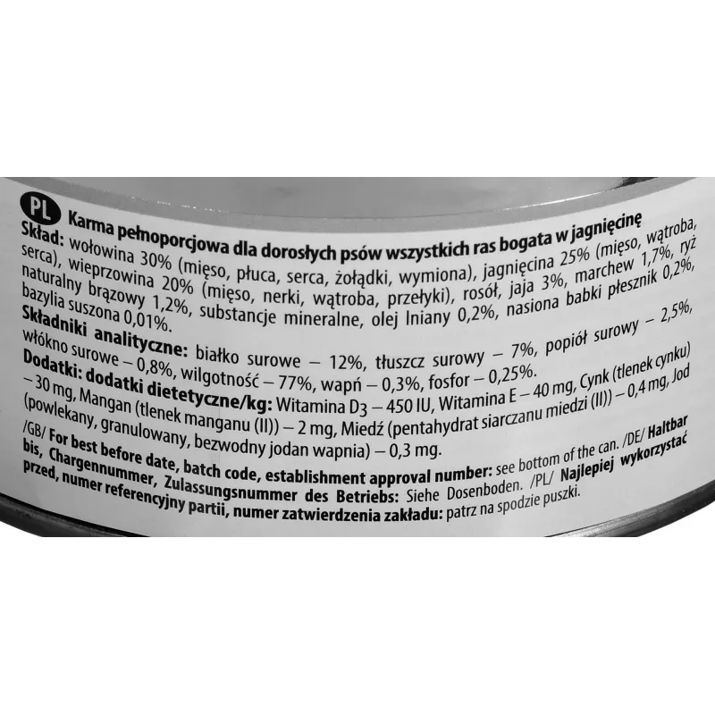 Nassfutter für Hunde Dolina Noteci Premium Lamm 800 g Dose — getreidefrei, ausgewachsene Hunde, Protein 12%, Feuchtigkeit 77%