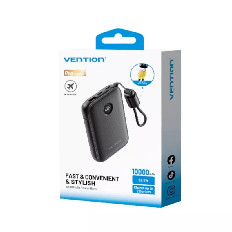 Powerbank Vention FKAB0-C 10000 mAh, 2× USB-C + 1× USB-A, 22,5 W, Schwarz